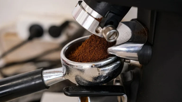 Espresso grinder dosing fresh grounds into a portafilter