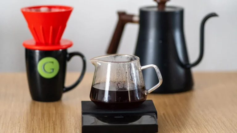 V60 pour over dripper with a kettle and glass carafe